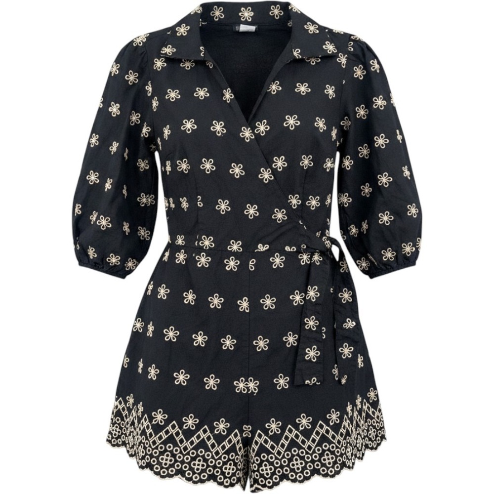 Venus Cottagecore Coastal Eyelet Romper 12 Black Floral Embroidered Wrap Tie